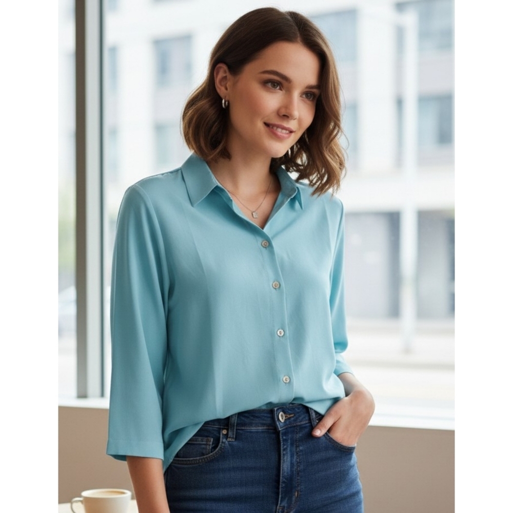 Chico's Elbow Sleeve Button down shirt Turquoise Size S